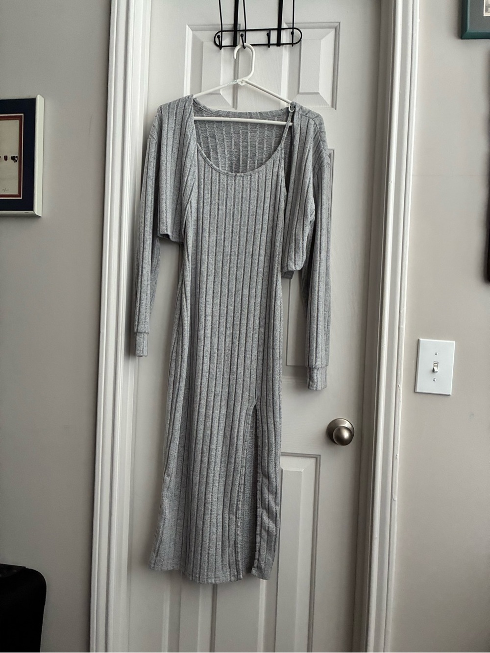 Gray Ribbed Long Sleeve Midi Dress Medium SHEIN